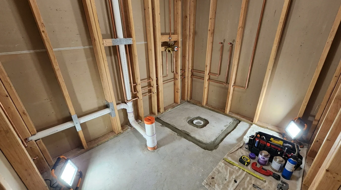 Bathroom rough-in plumbing during remodel by Johns Plumbing LLC in Conover