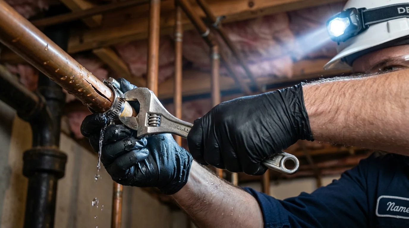 Emergency pipe clamp repair being performed by a Johns Plumbing LLC plumber in Conover