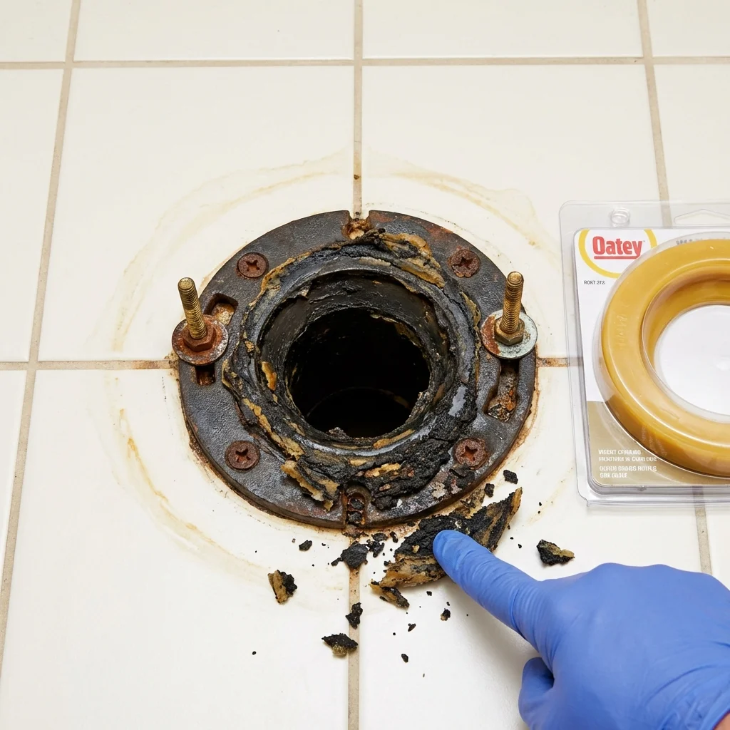 Failed wax ring showing water seepage at the base of a toilet in a Conover, NC home