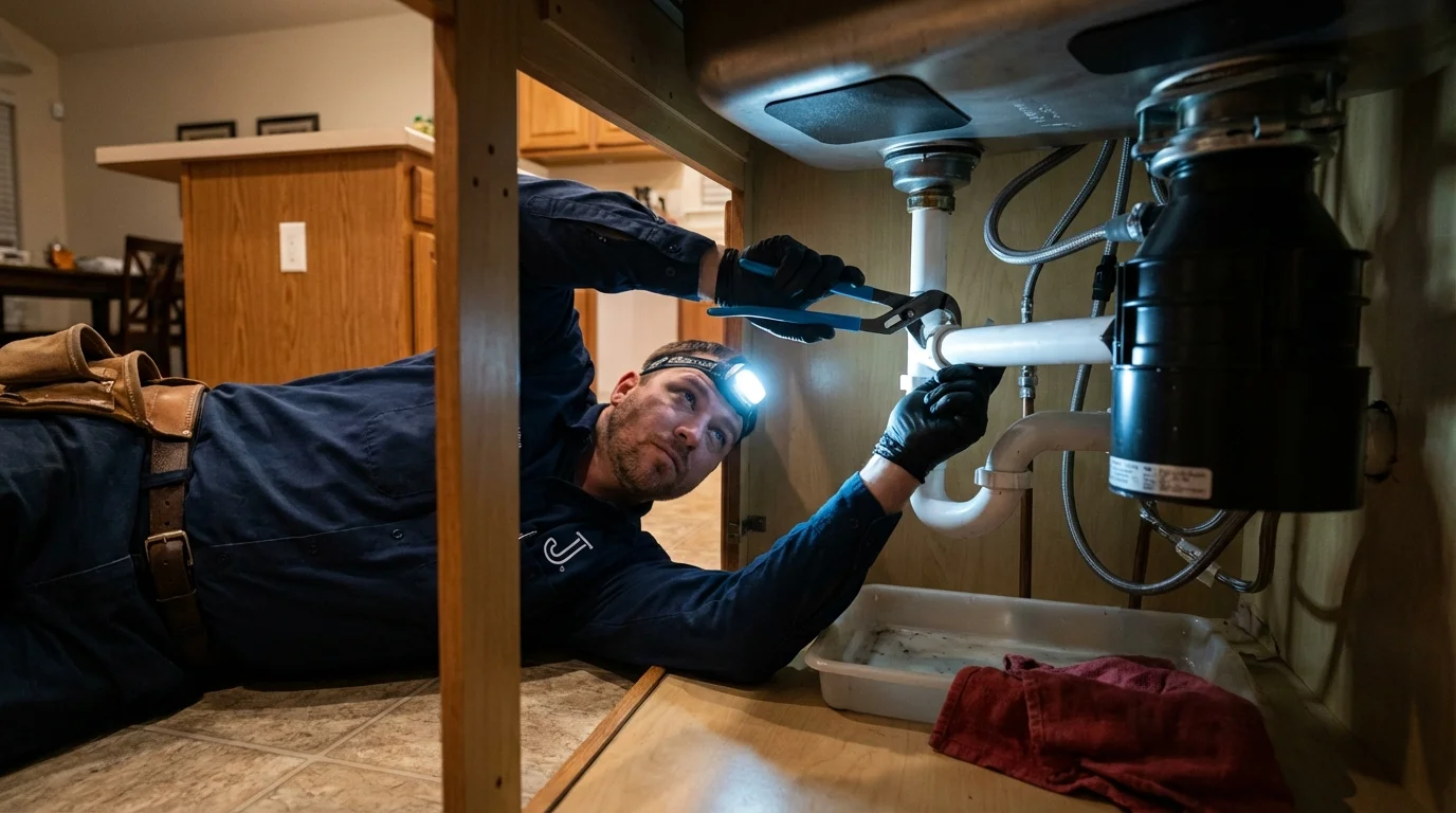 P-trap and supply line connections under a kitchen sink showing a common leak point in Conover, NC